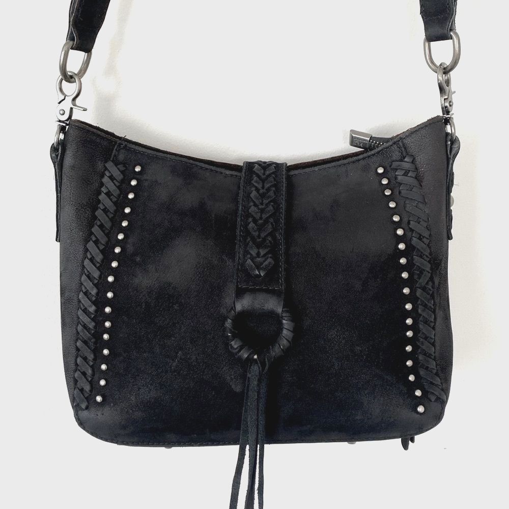 Montana West Black Suede Crossbody Bag Fringe Studs Western Boho Rodeo